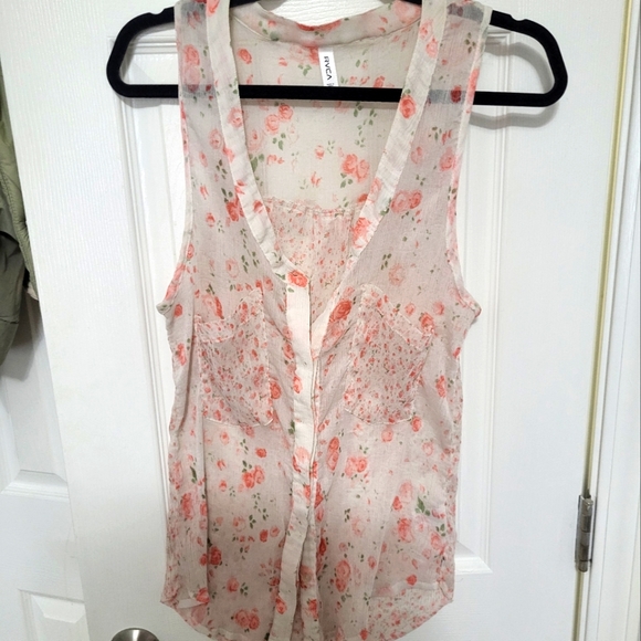 Rvca sheer button up tank with pink roses in two patterns size large - Picture 1 of 7